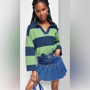 Wild Fable Striped Green and Navy Blue Sweater with Collar